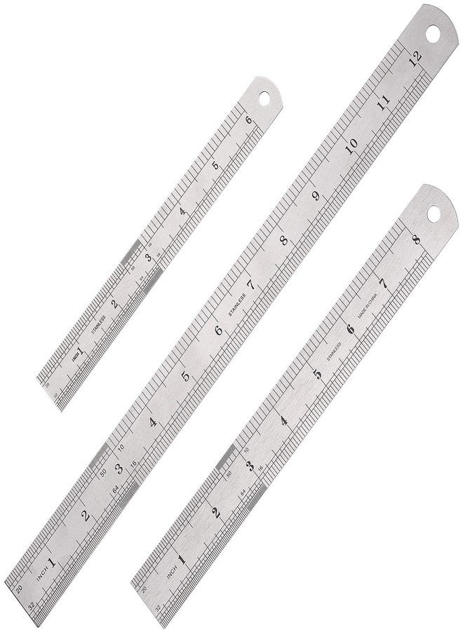 Elisel 3 PCS Stainless Steel Ruler Set with Inch and Metric Graduation, 12 Inch, 8 Inch and 6 Inch(Silvery) - Image 1