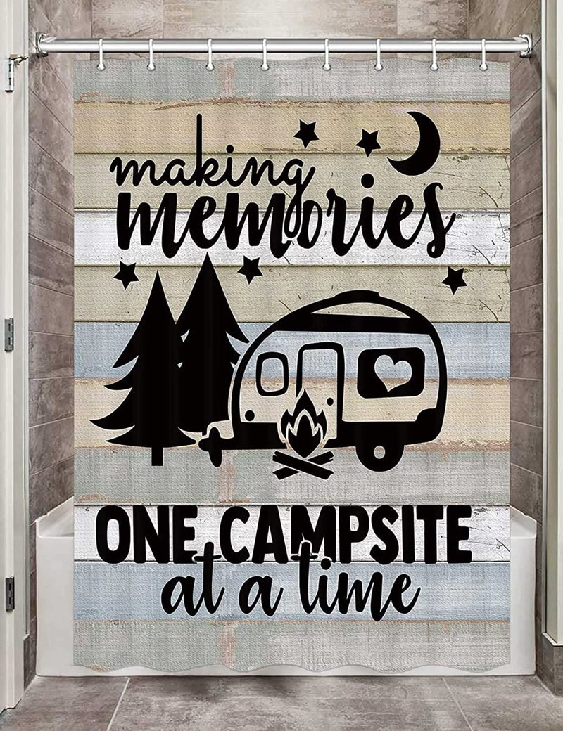 JAWO Camper RV Shower Curtains for Bathroom Farmhouse Camping Fabric Shower Curtain Accessories for Travel Trailers Happy Camp Decorations Bathroom Set Decor Hooks Included 47 W X 64 H