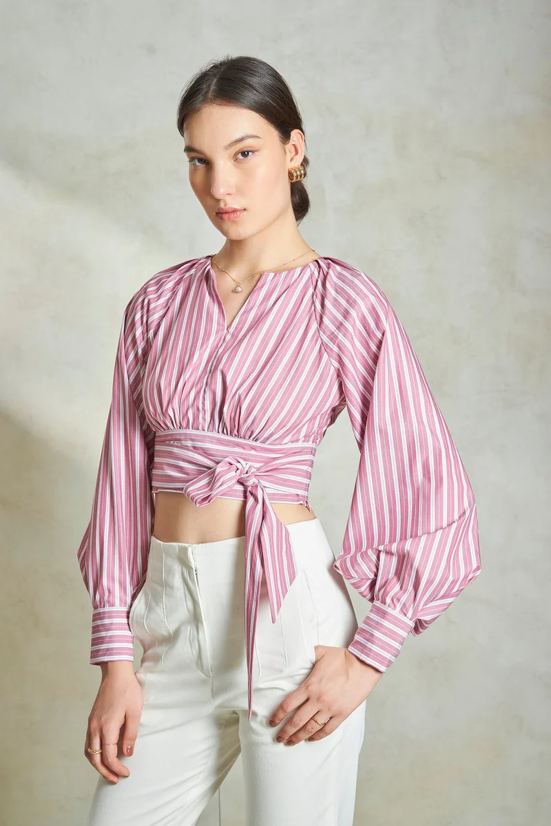Virgio Cotton Striped Daywear Tie Up Crop Tops for Women