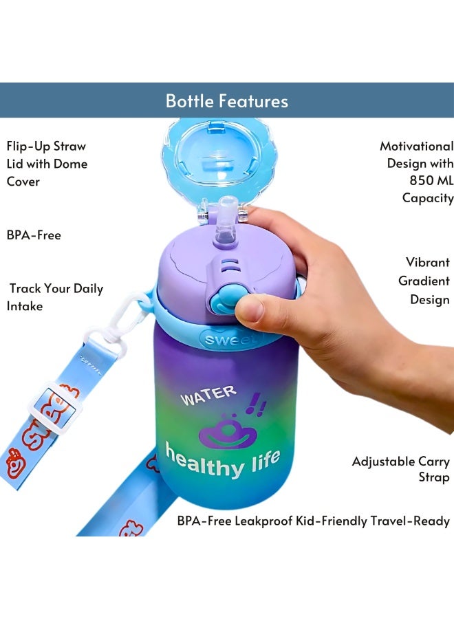 VIO Kids Leakproof Water Bottle with Soft Straw Capacity Marker Colorful Toddler Spill Proof Sippy Cup with Flip Top Lid Drinking Tumbler with Strap BPA Free Tritan Water Bottle Kids Hydration Sipper Bottle 850 ML for Boys Girls School Preschool Nursery Indoor Outdoor Travel Use - Image 5