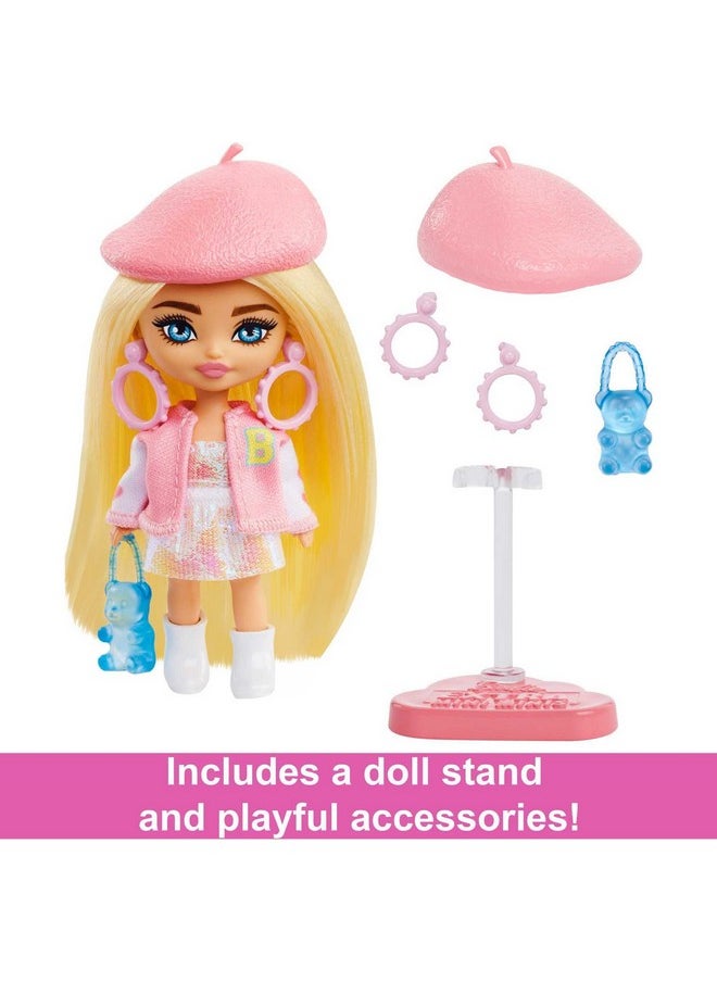 Barbie Extra Mini Minis Doll With Blonde Hair Beret Varsity Jacket & Accessories & Stand 3.25Inch  - Image 4