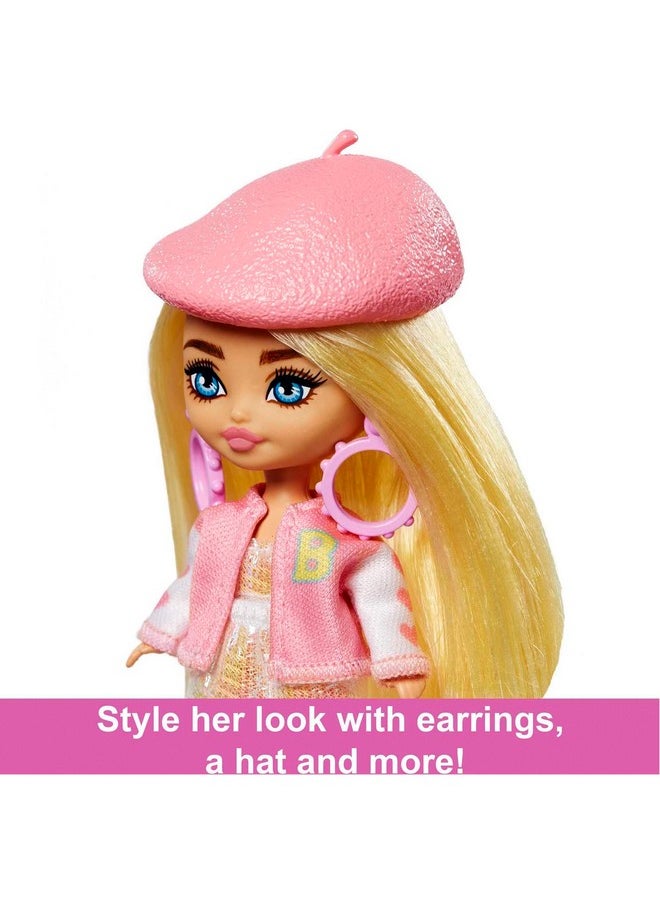 Barbie Extra Mini Minis Doll With Blonde Hair Beret Varsity Jacket & Accessories & Stand 3.25Inch  - Image 5