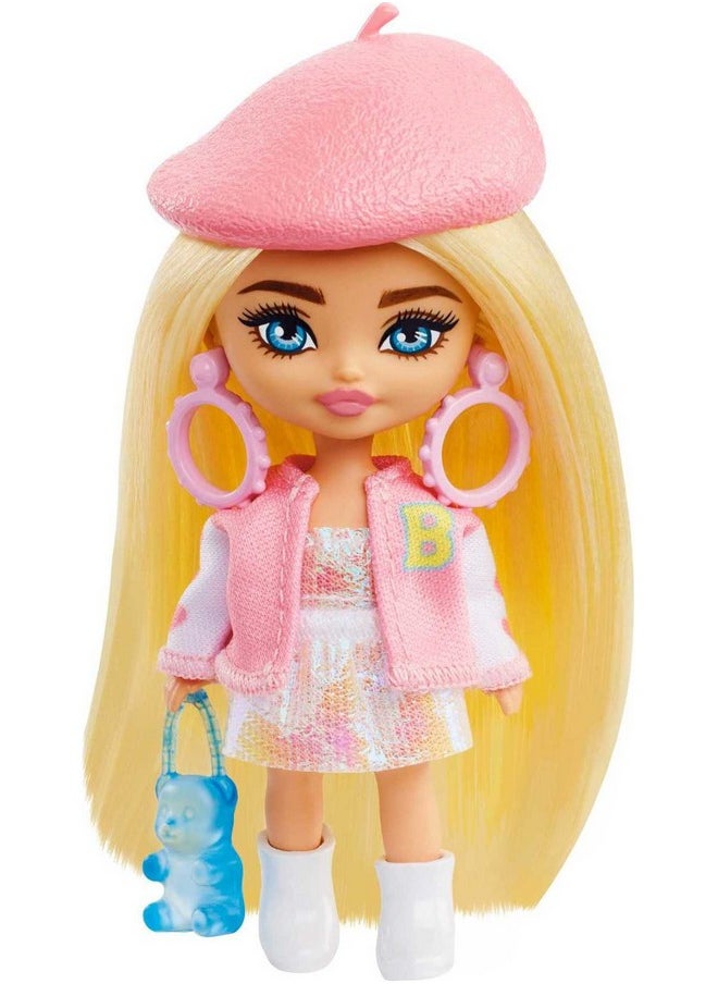 Barbie Extra Mini Minis Doll With Blonde Hair Beret Varsity Jacket & Accessories & Stand 3.25Inch  - Image 2
