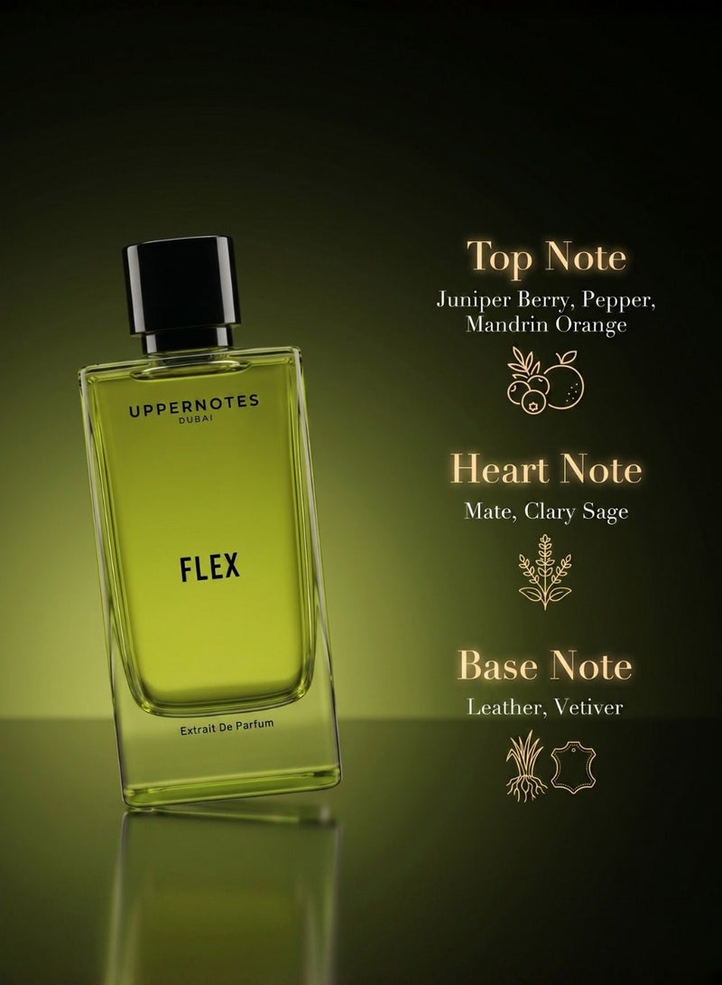UpperNotes Flex Extrait De Parfum Men 80ml | Juniper Pepper Leather Vetiver Smoky Woody | Bold Masculine Long Lasting Evening Fragrance UAE - Image 2