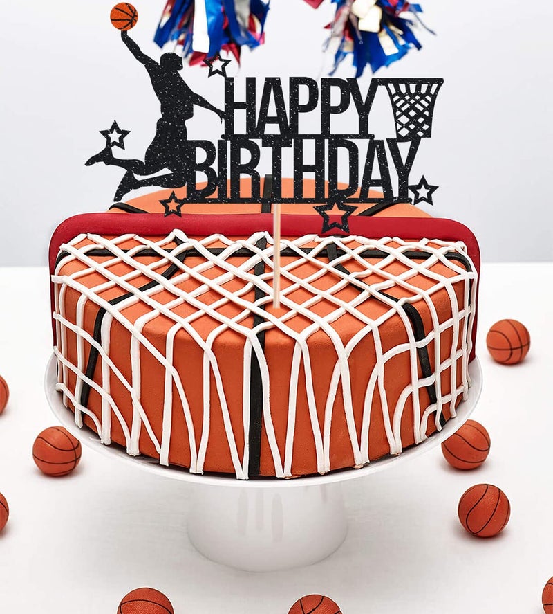 AHAORAY Basketball Happy Birthday Cake Topper - Black Glitter Basketball Party Decorations Supplies  Perfect for Birthday/Basketball Theme Party  Photo Booth Props - Image 2