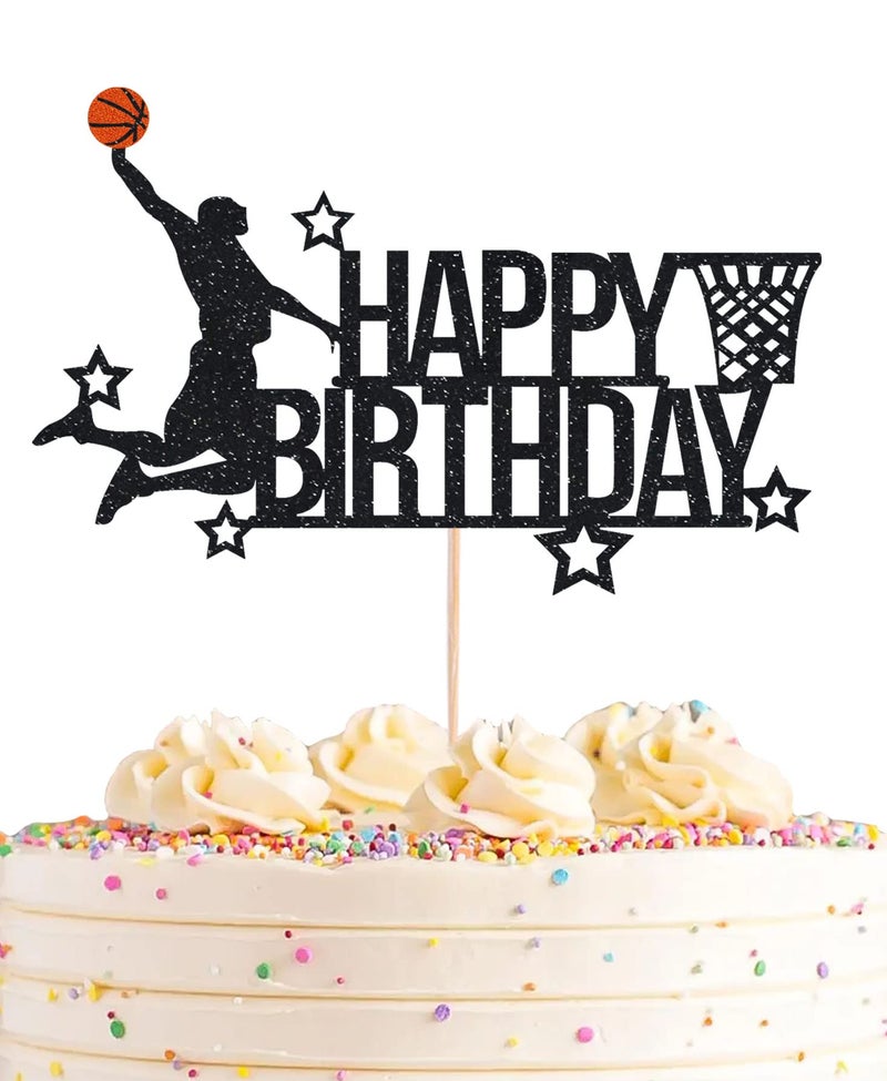 AHAORAY Basketball Happy Birthday Cake Topper - Black Glitter Basketball Party Decorations Supplies  Perfect for Birthday/Basketball Theme Party  Photo Booth Props - Image 1