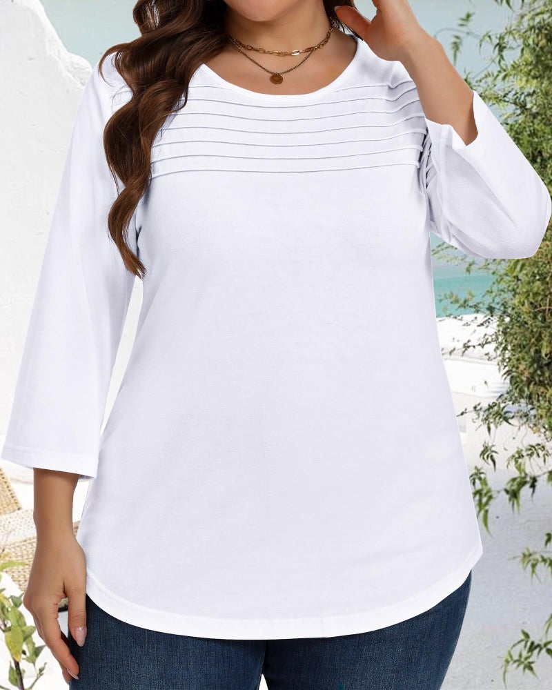 JOELLYUS Womens Plus Size Tops 3/4 Sleeve Shirts Casual Roundneck Tunics Top Pleated Spring Summer Blouse(White, 3XL) - Image 4