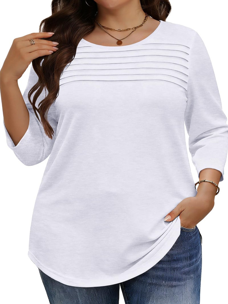 JOELLYUS Womens Plus Size Tops 3/4 Sleeve Shirts Casual Roundneck Tunics Top Pleated Spring Summer Blouse(White, 3XL) - Image 1