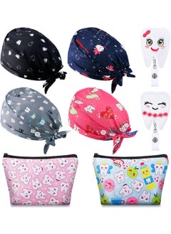 Saintrygo Saintrygo 8 Pcs Dental Gifts Set Include 4 Dental Scrub Caps Women with Button 2 Teeth Cosmetic Bags for Women 2 Felt Tooth Shape Badge Holders Makeup Bags Nurse Hair Cover Retractable Badge Reel 