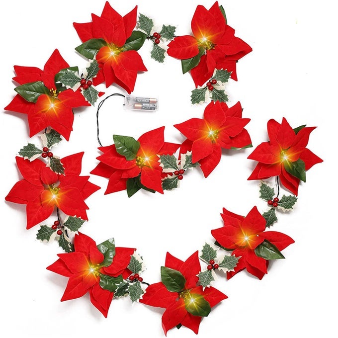 CHRISTMAS POINSETTIA GARLAND WITH LIGHT 65 FT LIGHTED ARTIFICIAL GARLANDS WITH RED FLOWERS AND BERRIES BATTERY OPERATED POINSETTIA STRING LIGHTS LIGHT UP FOR XMAS NEW YEAR HOME DCOR