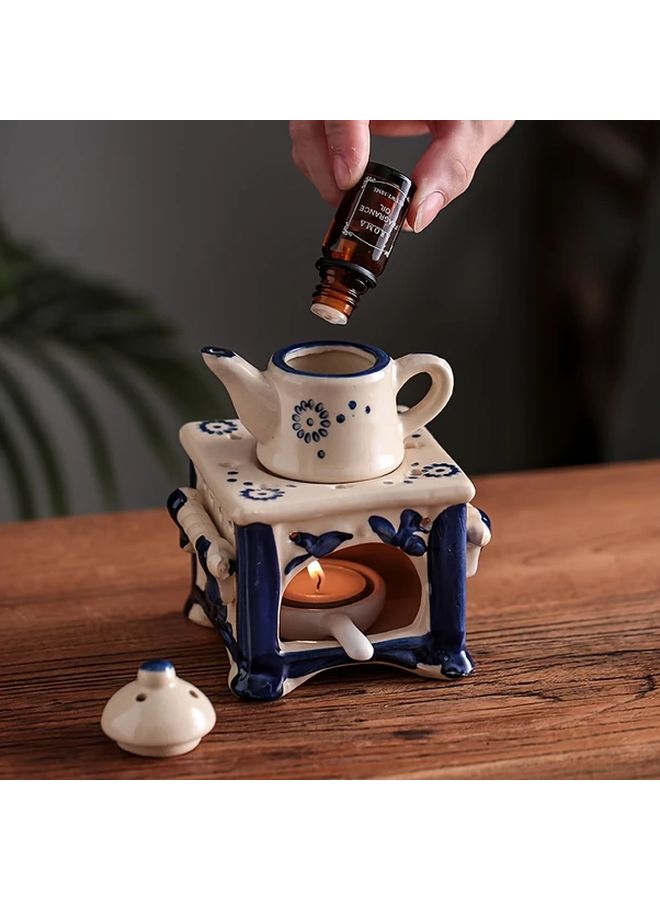 Blue Ceramic Aromatherapy Teapot Candle Holder Floral Pattern Home Decor - Image 2