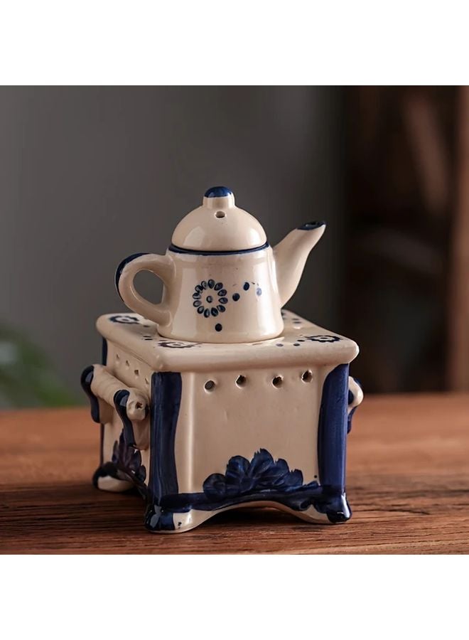 Blue Ceramic Aromatherapy Teapot Candle Holder Floral Pattern Home Decor - Image 5