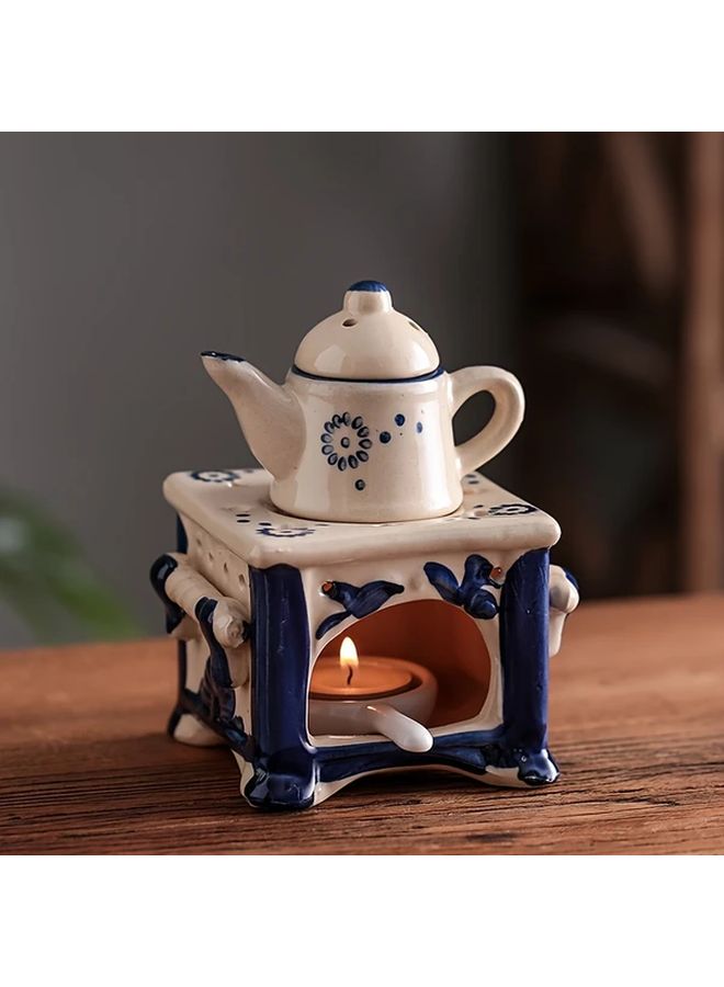 Blue Ceramic Aromatherapy Teapot Candle Holder Floral Pattern Home Decor - Image 3