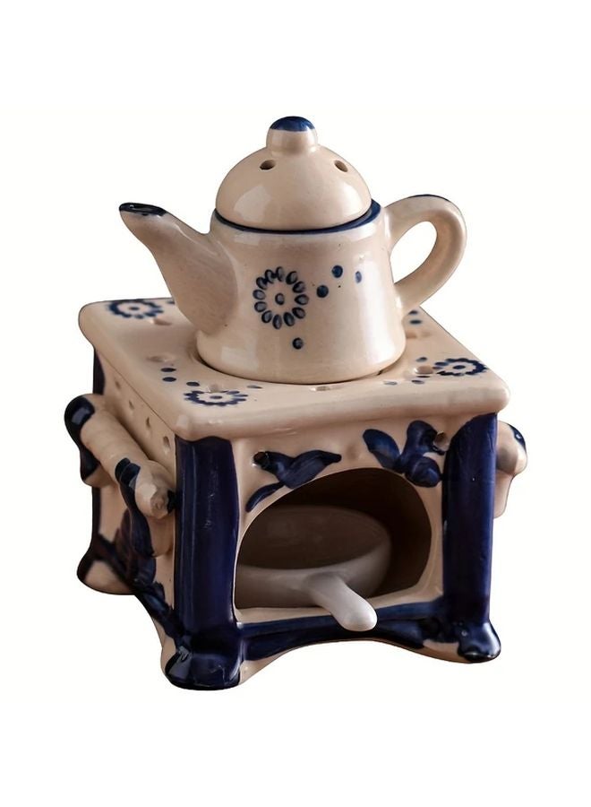 Blue Ceramic Aromatherapy Teapot Candle Holder Floral Pattern Home Decor - Image 1