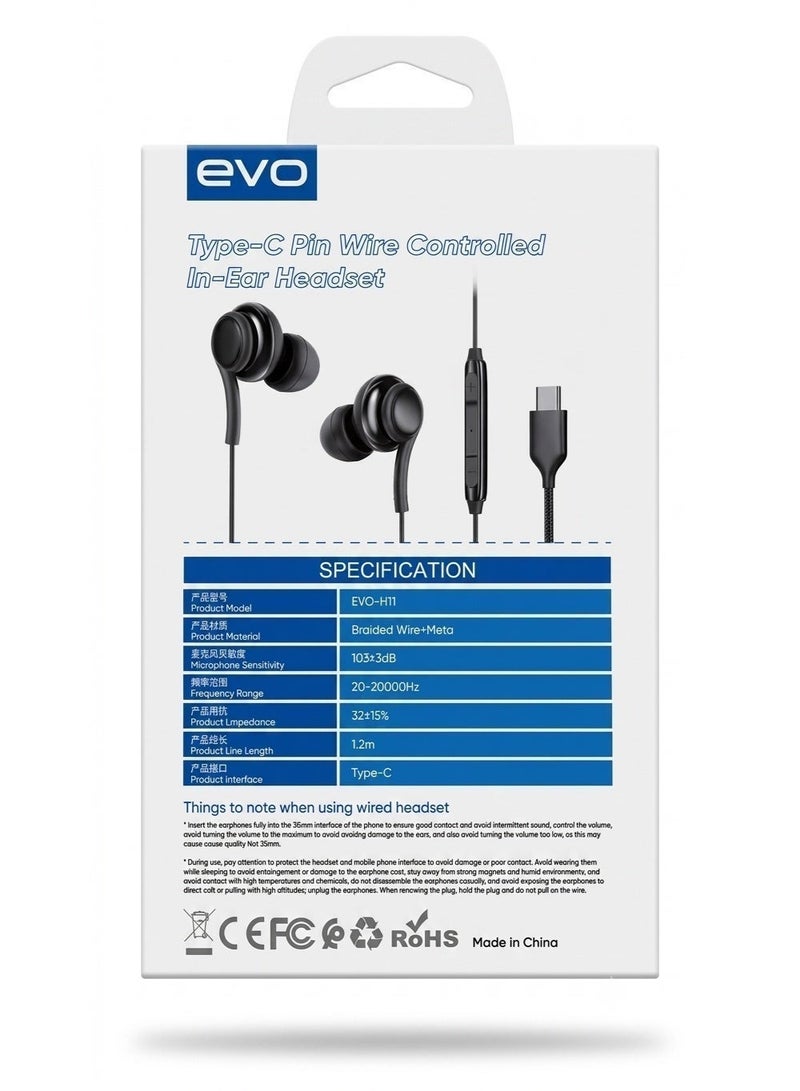 EVO-H11 Type-C Wire Controlled In-Ear Headset with Mic, Black - Image 2