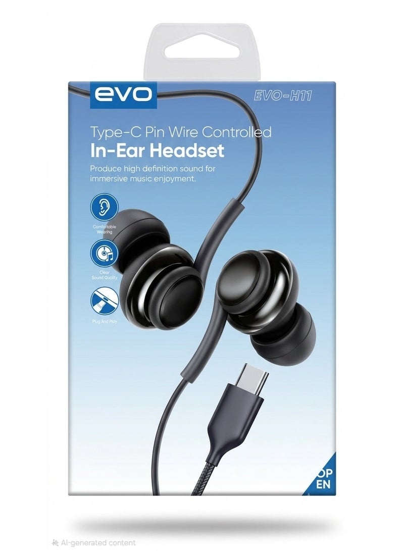 EVO-H11 Type-C Wire Controlled In-Ear Headset with Mic, Black - Image 1