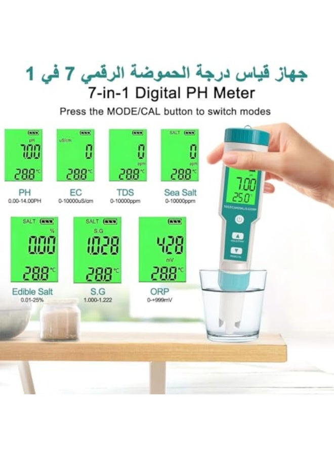 Water Quality Tester 7 in 1 Digital PH Tester Pen with TDS/EC/Salt/S G/ORP/Temps Function 0.01 Accuracy LCD Display ATC 3 PH Buffer Powders Water Test Meter for Drinking Water Pool Aquarium Hydroponic - Image 3