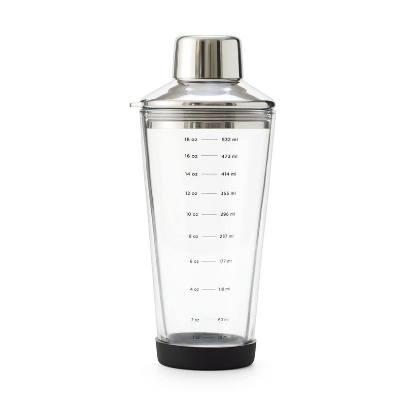 Rabbit 18 oz Glass Cocktail Shaker with Printed Measurements MultiUse Stainless Steel Topper with 15 oz Jigger Cap and Strainer 394 x 354 x 906 IN