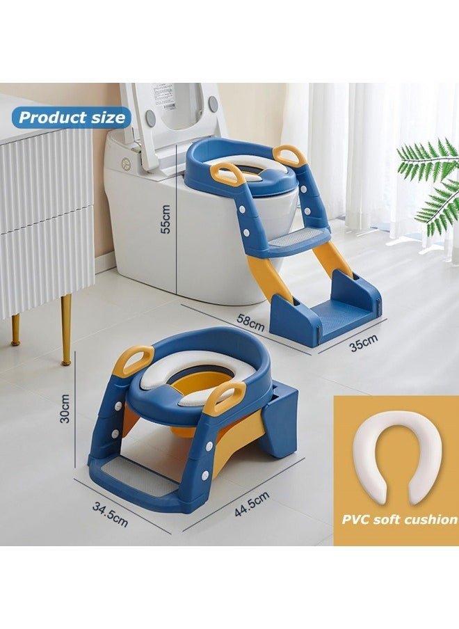 GGEROU Folding Toilet Potty Training Seat With Step Stool Ladder, Folding Auxiliary Toilet Seat, Toilet Trainer, Toilet Seat Toilet Trainer, Comfortable And Safe Potty Seat With Non-Slip Mat Ladder Blue  - Image 2