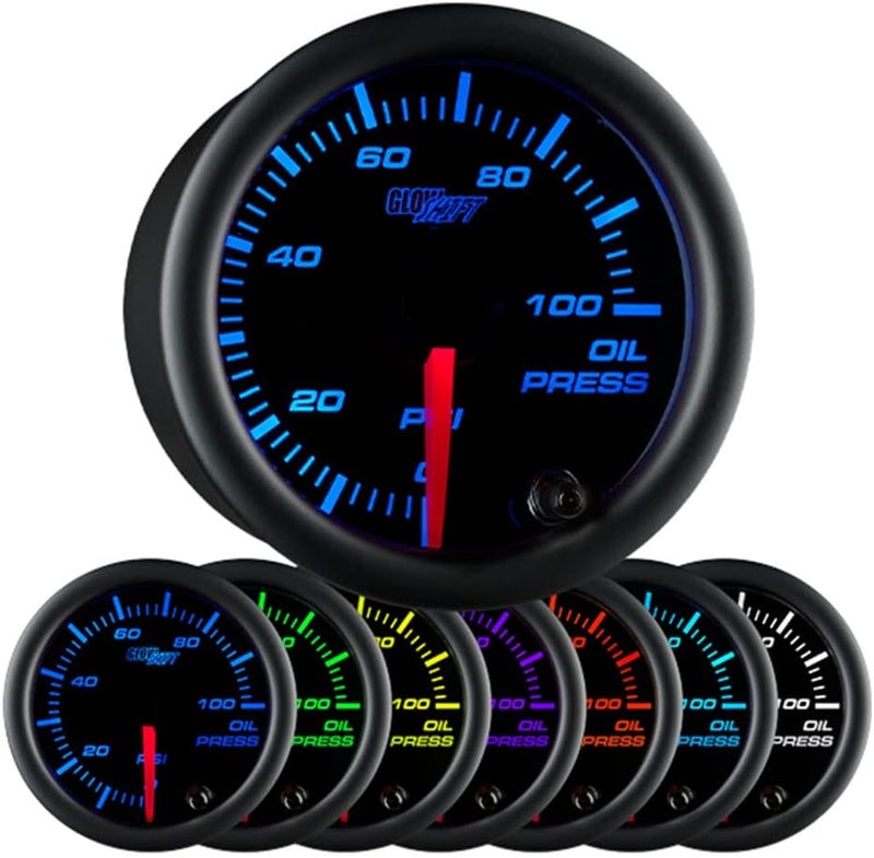 GLOWSHIFT Black 7 Color 100 PSI Oil Pressure Gauge Kit - Includes 1/8-27 NPT Electronic Sensor & Wiring - Multi-Color Display - Black Dial - Clear Lens - for Car & Truck - 2-1/16" 52mm - Image 1