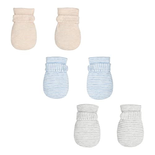 Reyow Newborn Baby No Scratch Mittens Stay On, 100% Cotton Breathable, Adjustable Infant Gloves for Baby Boys Girls Mittens (Khaki/Blue/Gary Stripe, 0-3 Months) - Image 1