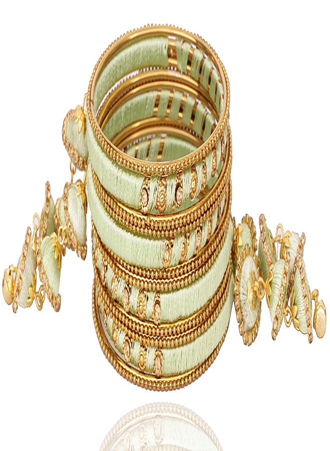 ZULKA Get your traditions Valentine Gift for Girls & Women Silk Thread Latkan Bangle Set With Zircon For Women & Girls (Pack of 2 Set, Pista-2.4) - Image 5
