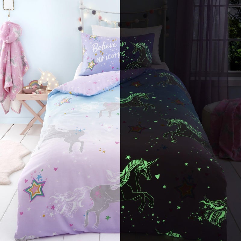 Bedlam  Glow in the Dark Unicorn Duvet Cover  Single Size 200 x 140cm  Reversible 2 Designs  Magical Star  Unicorn for Girls  Pink Lilac