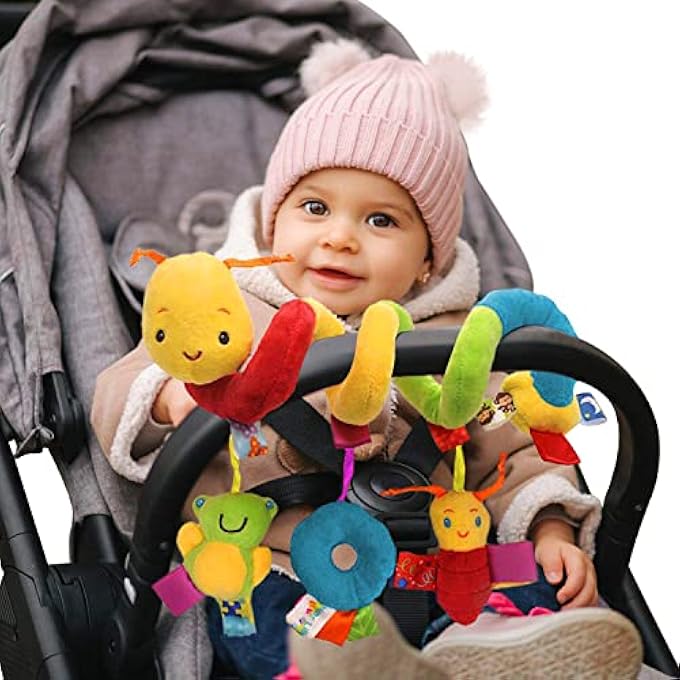 SPIRAL BABY TOY FOR PLAY OR WRAP-AROUND HANGING BUGGY, PRAM, PUSHCHAIR, STROLLER, CAR SEAT OR COT, SENSORY VELVET WITH SQUEAKER, RATTLE & RINGING BELL, TRAVEL TOY FOR BOYS & GIRLS (3+ MONTHS) - Image 1