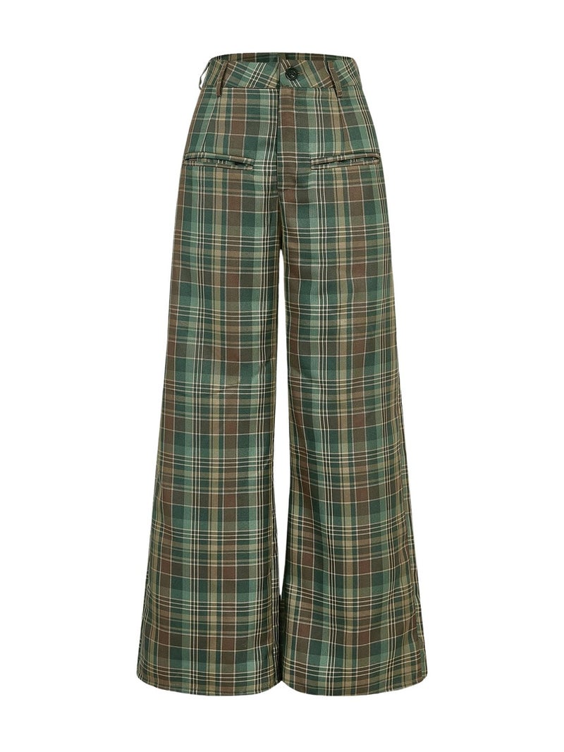 WDIRARA Women's Plaid Wide Leg Pants Casual High Waist Long Pants Trousers Multicolor Small - Image 1