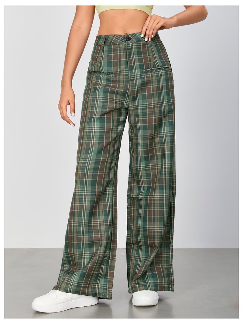 WDIRARA Women's Plaid Wide Leg Pants Casual High Waist Long Pants Trousers Multicolor Small - Image 3