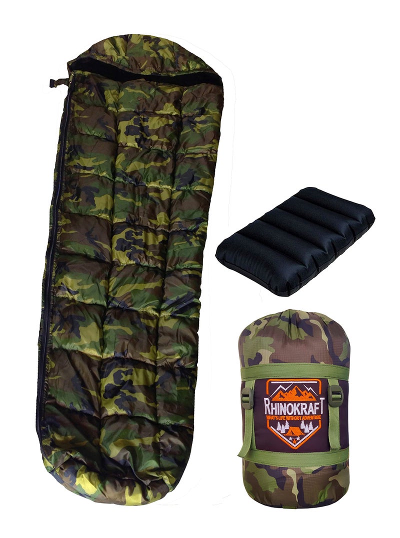 RhinoKraft Camouflage Army Sleeping Bags for Adult with Ultra Soft Fur for Camping, Trekking and Traveling | Weigh 1.9 Kg + Air Travel Pillow - Image 1