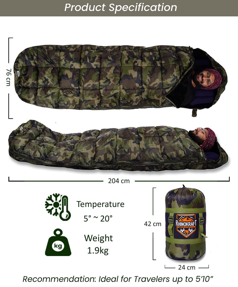 RhinoKraft Camouflage Army Sleeping Bags for Adult with Ultra Soft Fur for Camping, Trekking and Traveling | Weigh 1.9 Kg + Air Travel Pillow - Image 2