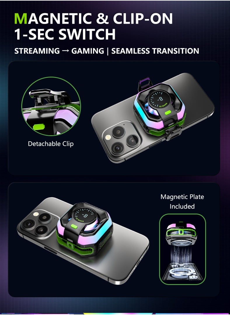 Phone Cooler, Low-Power Cryo Fan, Alloy Ventilation Ducts, Magnetic/Clip Dual-Mode, 3-Gear Smart Temp Control, Quiet Noise Reduction, Colorful LED Temp Display - Cools for Gaming, Streaming, Videos, News, Reading - TikTok YouTube Instagram Compatible (iOS/Android)
