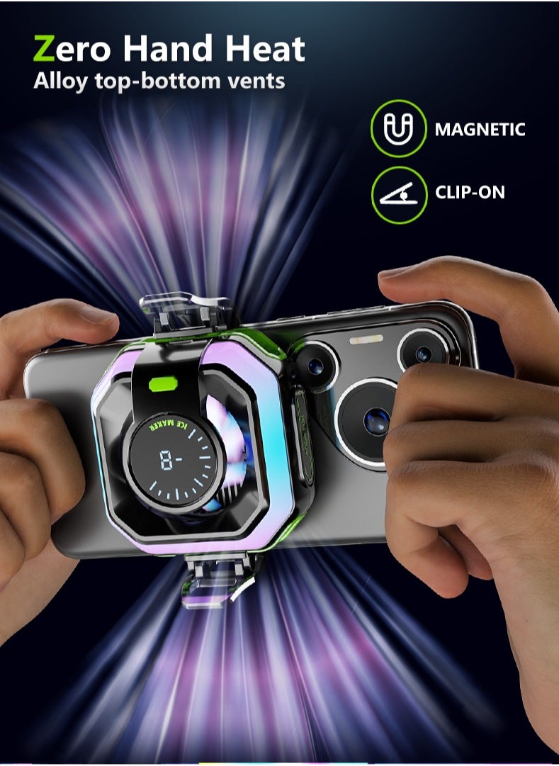 Phone Cooler, Low-Power Cryo Fan, Alloy Ventilation Ducts, Magnetic/Clip Dual-Mode, 3-Gear Smart Temp Control, Quiet Noise Reduction, Colorful LED Temp Display - Cools for Gaming, Streaming, Videos, News, Reading - TikTok YouTube Instagram Compatible (iOS/Android)
