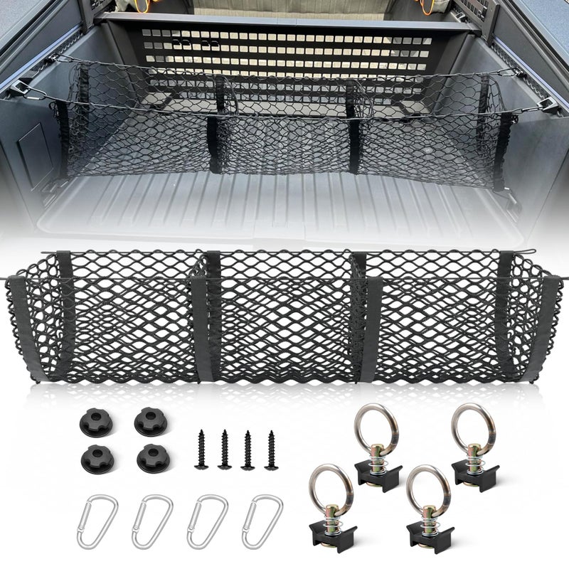 RED WOLF 3 Pocket Cargo Mesh Net for 20242025 Tesla Cybertruck Trunk Organizer Netting Rear Bucket Storage Net with LTrack Round Ring DCarabiner Mounting Hook