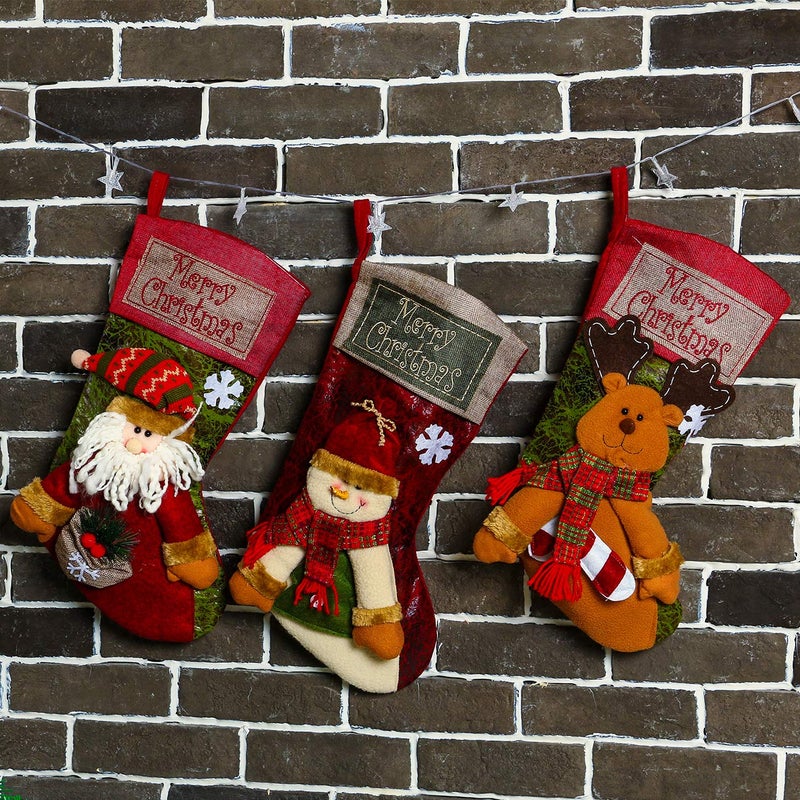 Sunnyglade 3PCS 18" Christmas Stocking Classic Large Stockings Santa, Snowman, Reindeer Xmas Character for Family Holiday Christmas Party Decorations - Image 4