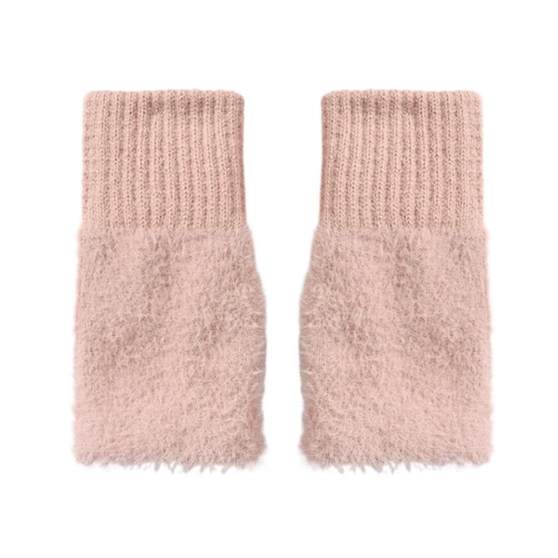 Women's fingerless touchscreen plush gloves, winter warm fleece-lined thick half-length student writing fingerless knitted wrist warmer - Image 1