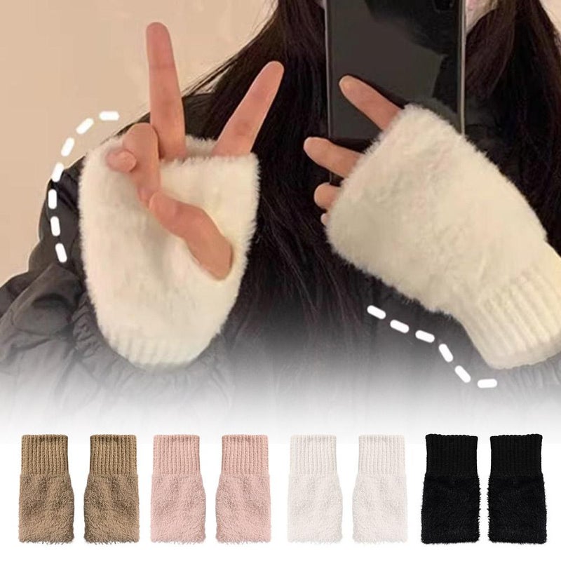 Women's fingerless touchscreen plush gloves, winter warm fleece-lined thick half-length student writing fingerless knitted wrist warmer - Image 2