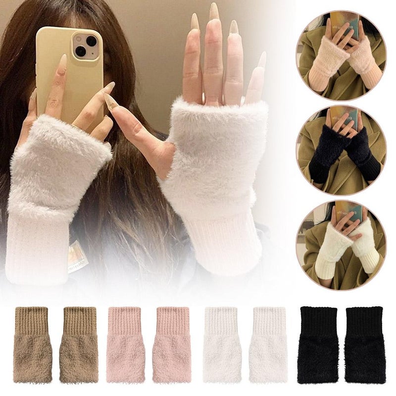 Women's fingerless touchscreen plush gloves, winter warm fleece-lined thick half-length student writing fingerless knitted wrist warmer - Image 3
