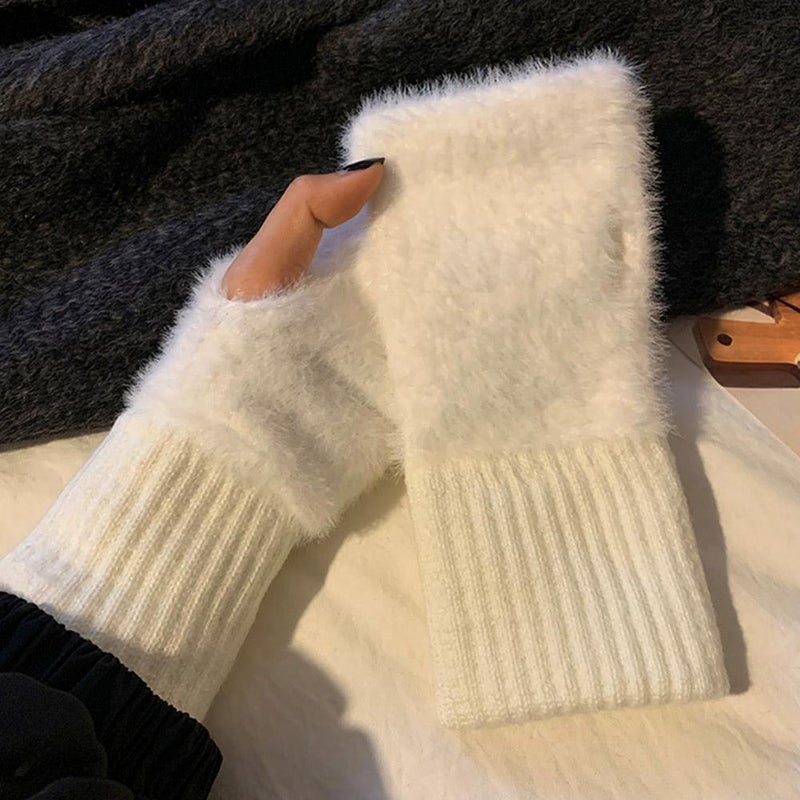 Women's fingerless touchscreen plush gloves, winter warm fleece-lined thick half-length student writing fingerless knitted wrist warmer - Image 5
