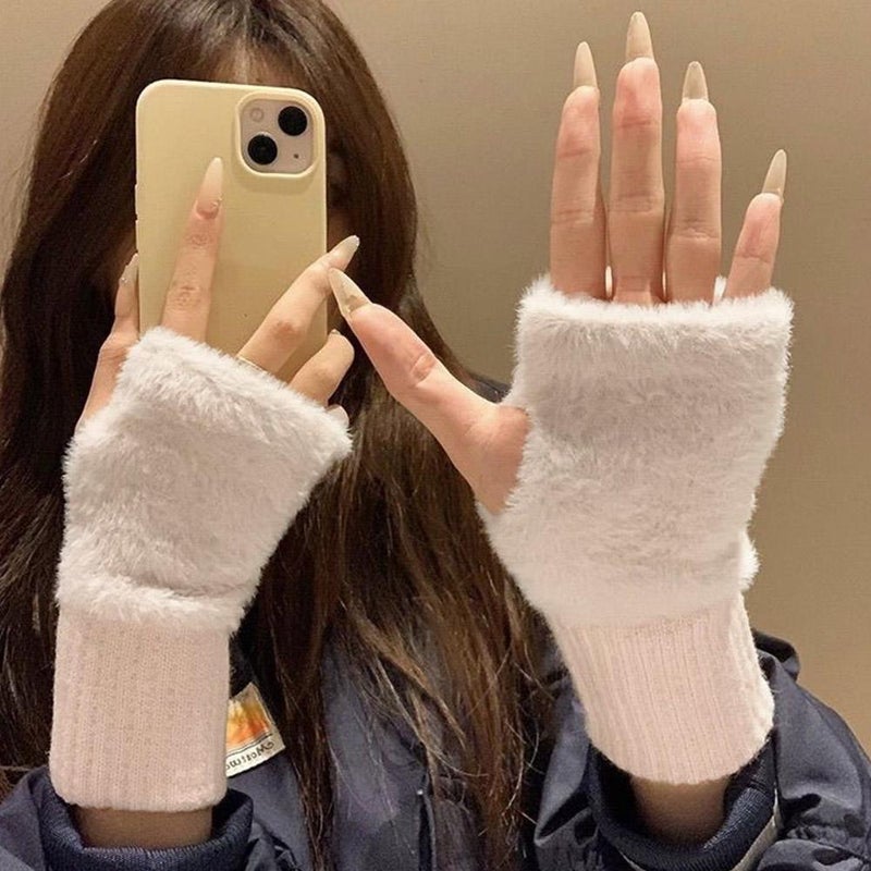 Women's fingerless touchscreen plush gloves, winter warm fleece-lined thick half-length student writing fingerless knitted wrist warmer - Image 4