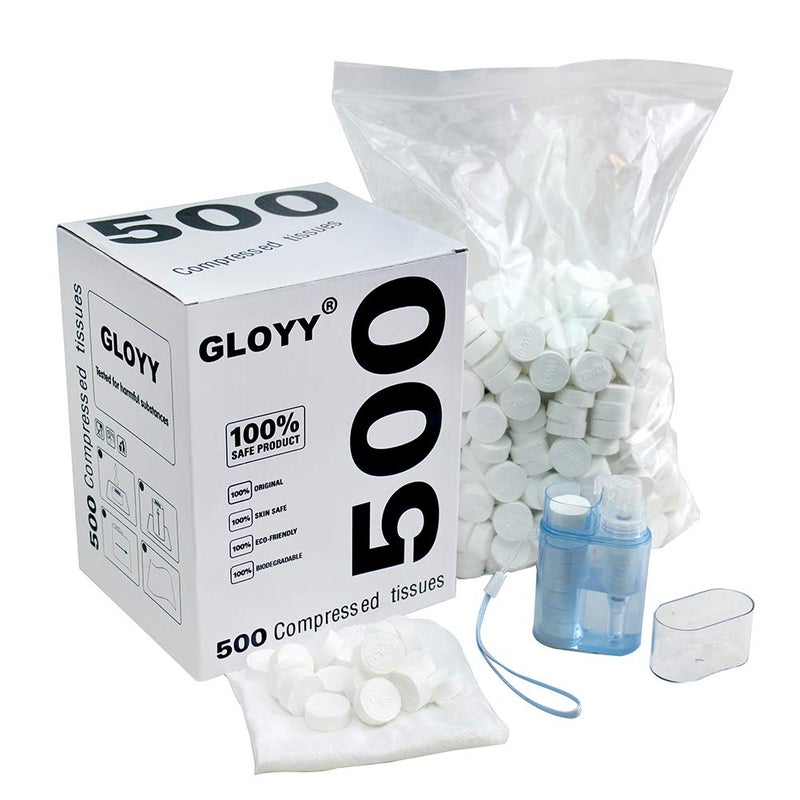 GLOYY Soft Compressed Towels Biodegradable Wipe Mini Magic Coin Tissues Includes FREE Carrying Dispenser Portable for Home Beauty Backpacking Camping Outdoor Accessories500 Count 88x95