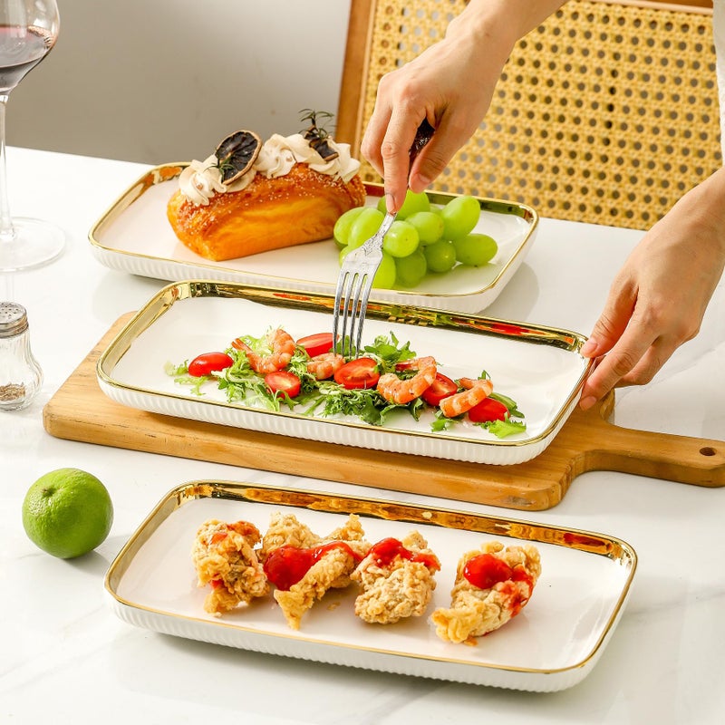 LETAOTAO Serving Platters, Ceramic Serving Platters Set of 4, 12 Inch Rectangular Serving Trays Dishes for Party Entertaining, White Dinner Plates with Gold Trim for Sushi Desserts Appetizers Salad - Image 4
