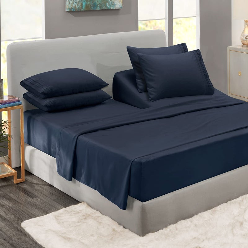 Clara Clark Clara Clark Flex Top King Sheets 6 Piece Set  Hotel Luxury Sheets for Top Split King Bed Super Soft Bedding Set Head Split King Navy Blue 