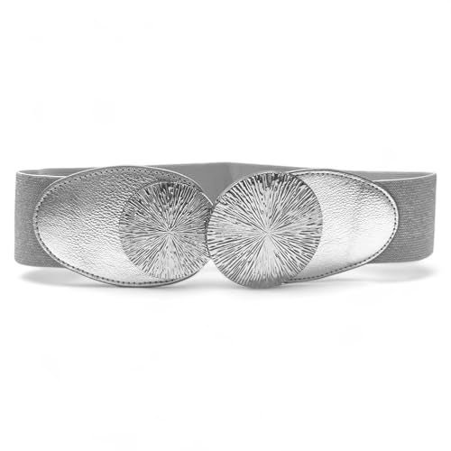 REDHORNS Elastic Fabric Waist Belt for Women Dresses Circle Design Stretchy Ladies Belt for Saree Girls Jeans - Free Size (LD28V) (Sliver, Nylon Blend) - Image 1