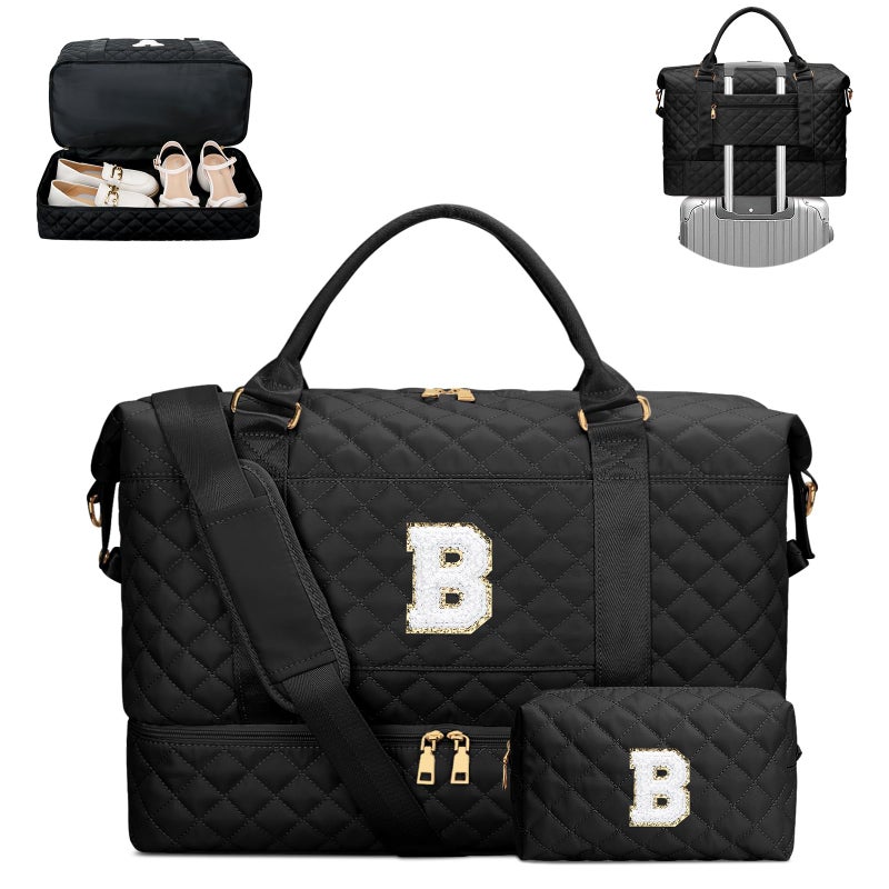 CLOUDWINGS Gifts for Women Girls Initial Travel Duffle Bag Quilted Weekender Bags CarryOn Overnight with Cosmetic Bag Gym Bag with Shoe Compartment Black B - Image 2