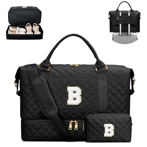 CLOUDWINGS Gifts for Women Girls Initial Travel Duffle Bag Quilted Weekender Bags CarryOn Overnight with Cosmetic Bag Gym Bag with Shoe Compartment Black B - Image 1