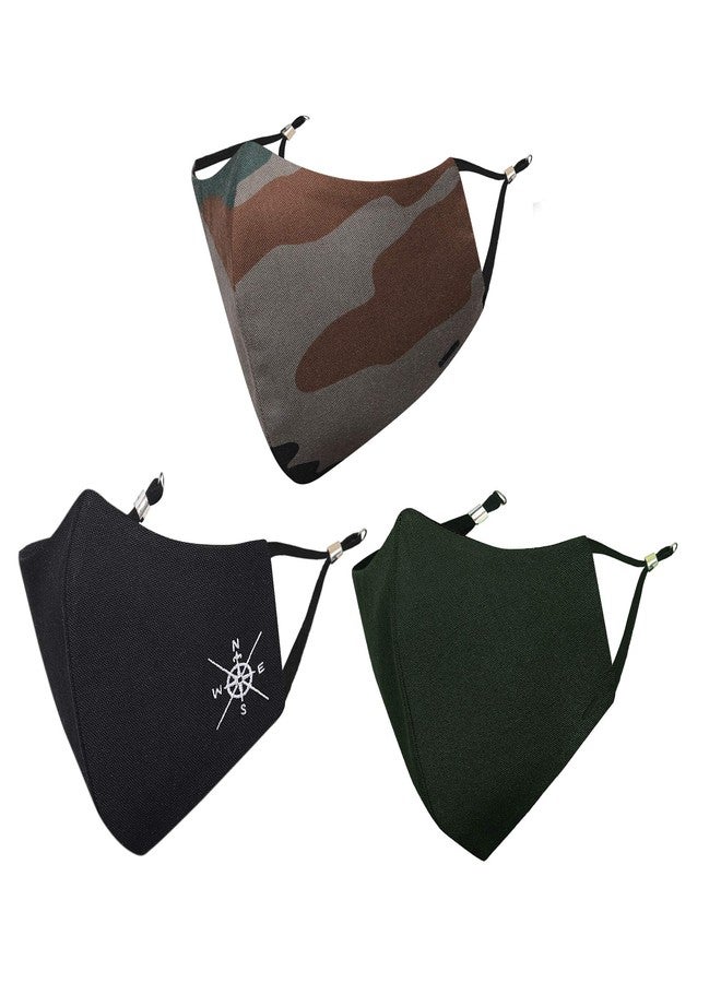 MASQ By Q-One Konark 4 Layer, Reusable, with Ear Adjusters, Anti-Bacterial (BFE>99%) Cotton Cloth Face Mask for Men, Boys (Large, Black-Green-Camouflage, Pack of 3), Without Valve - Image 1