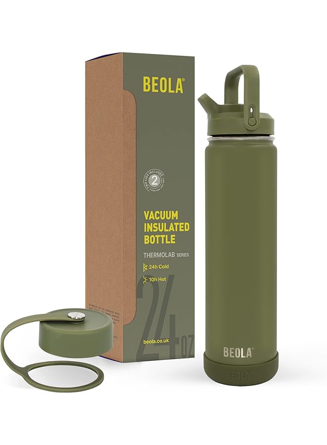 BEOLA زجاجة مياه للأطفال والكبار مصنوعة من الفولاذ المقاوم للصدأ 304 بجدار مزدوج معزول بغطاء من القش وفم واسع مع غطائين للسوائل الساخنة والباردة، زجاجة رياضية بسعة 25 أونصة - Image 1