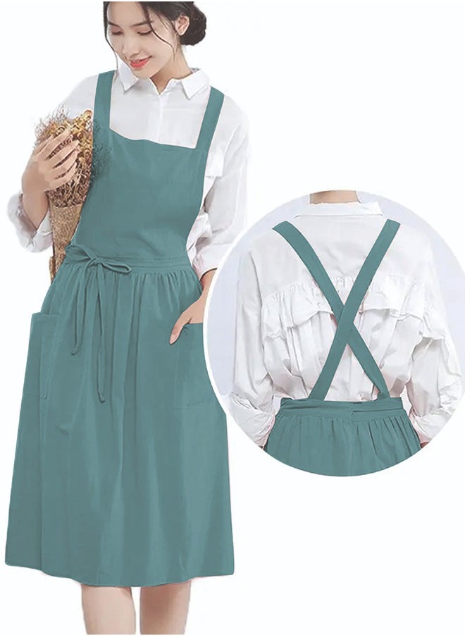 YANEK YANEK Cotton Linen Kitchen Apron for Women Durable, Washable, Comfortable and Durable with Pockets and Adjustable Straps; Perfect for Cooking, Baking, Flower Shop, Work, and Cleaning  - Image 4
